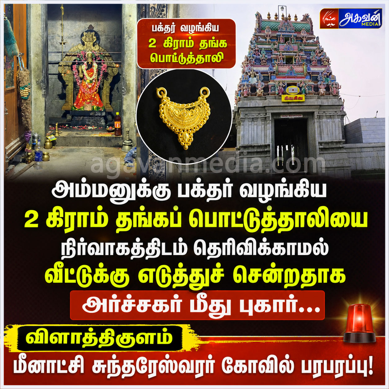 அம்மனுக்கு பக்தர் வழங்கிய 2 கிராம் தங்கப் பொட்டுத்தாலியை நிர்வாகத்திடம் தெரிவிக்காமல் வீட்டுக்கு எடுத்துச் சென்றதாக அர்ச்சகர் மீது புகார் - விளாத்திகுளம் மீனாட்சி சுந்தரேஸ்வரர் கோவிலில் பரபரப்பு!